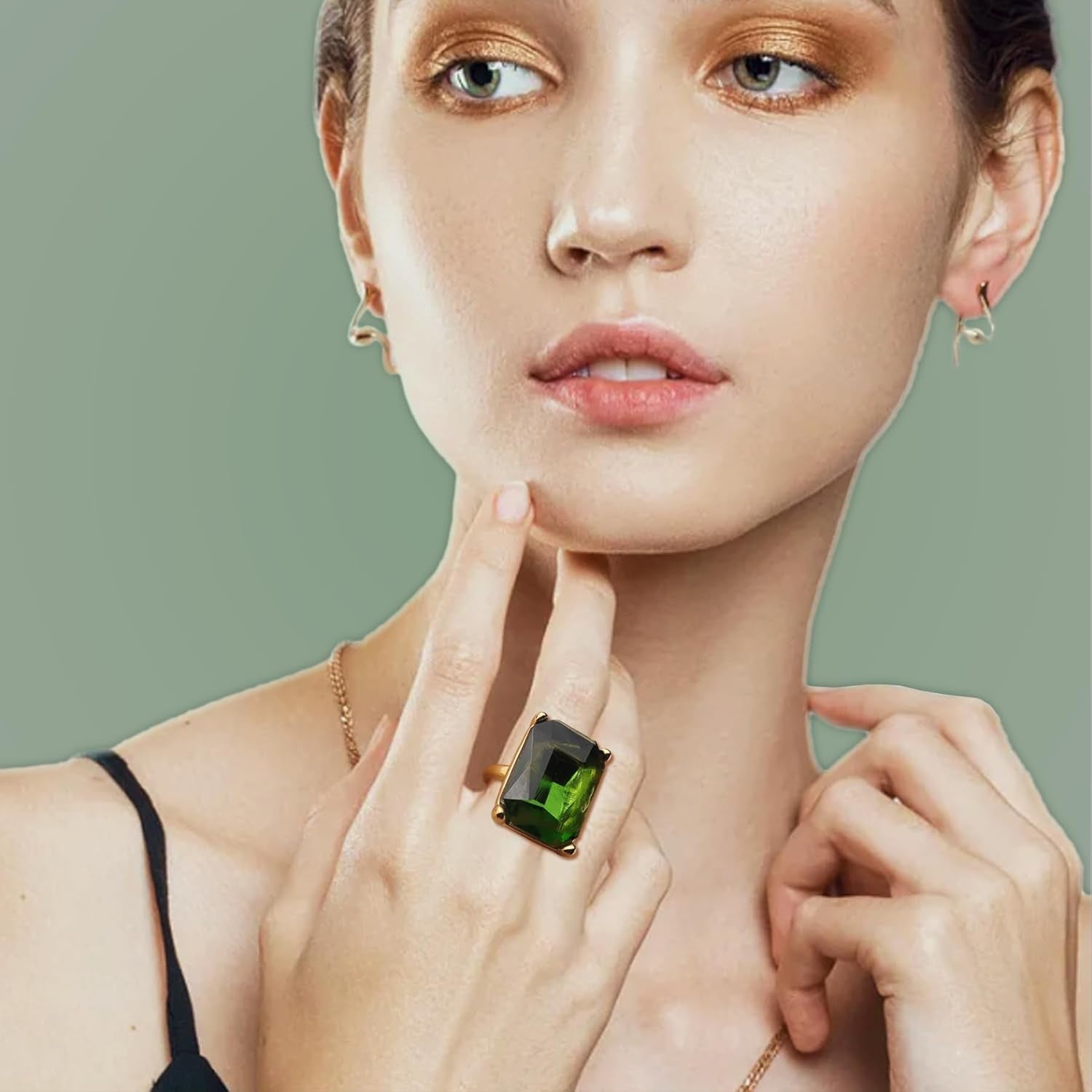 Gold Exaggerated Emerald CZ Crystal Rings for Women, Statement Costume Jewelry Gift - WORLD TIME VISITS