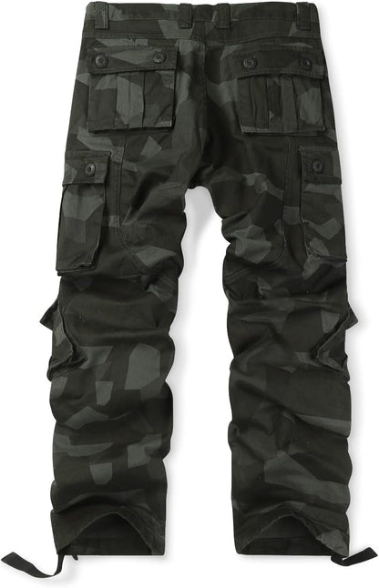 Men'S Cotton Casual Cargo Work Pants Baggy Camo Tactical Combat Trousers with 8 Pockets (No Belt)