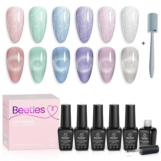 Beetles 6 Colors Holographic Glitter Cat Eye Gel Nail Polish Kit with Magnet Romantic Galaxy Series Soak off Uv Led Gel Nail Polish Set Home Diy Manicure Nail Salon Varnish Nail Art - WORLD TIME VISITS