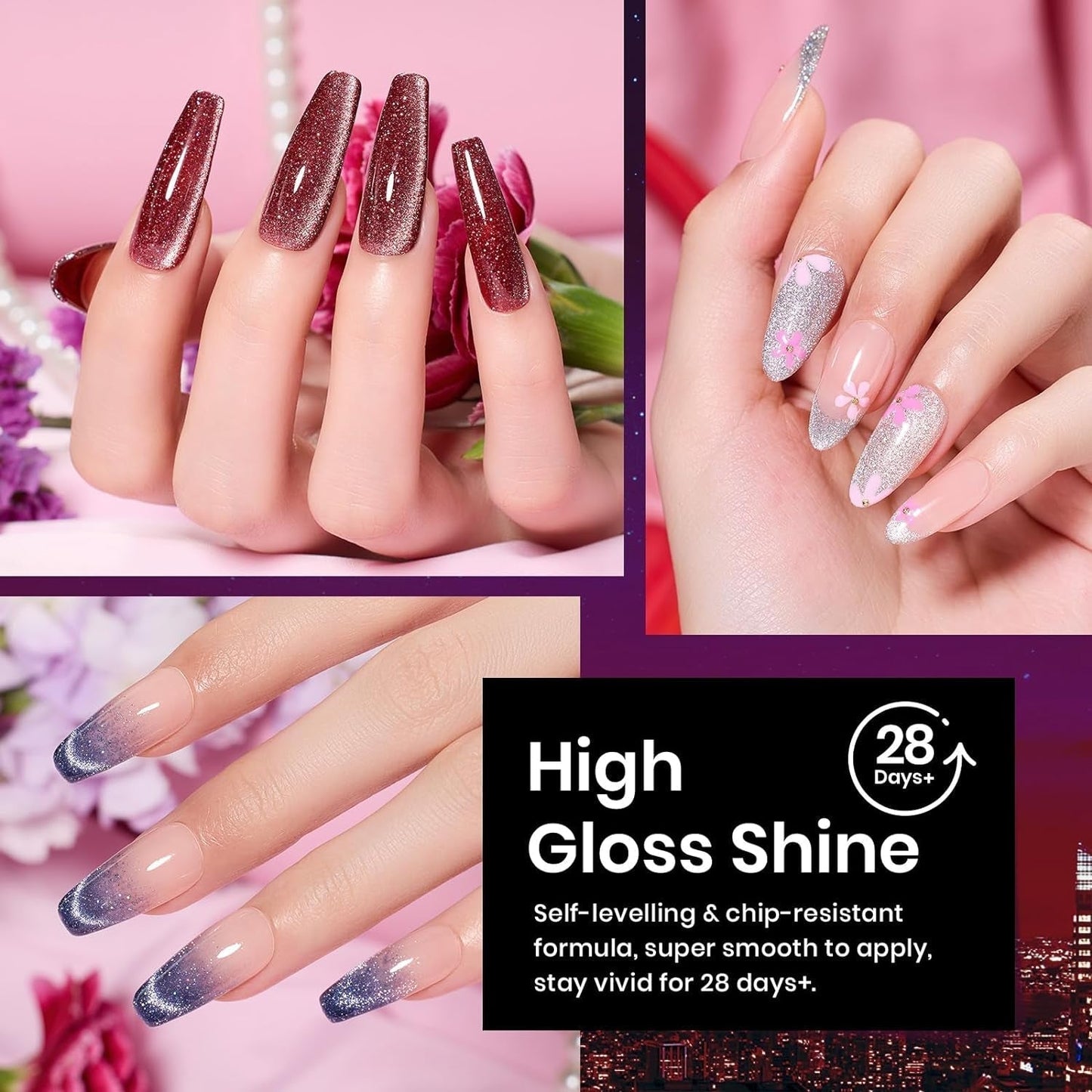 Beetles Cat Eye Gel Nail Polish Set 6 Colors Glitter Red Purple Blue Nail Polish with Magnet Spring Gel Polish Soak off U V Led Gifts for Women Girls Salon DIY Home