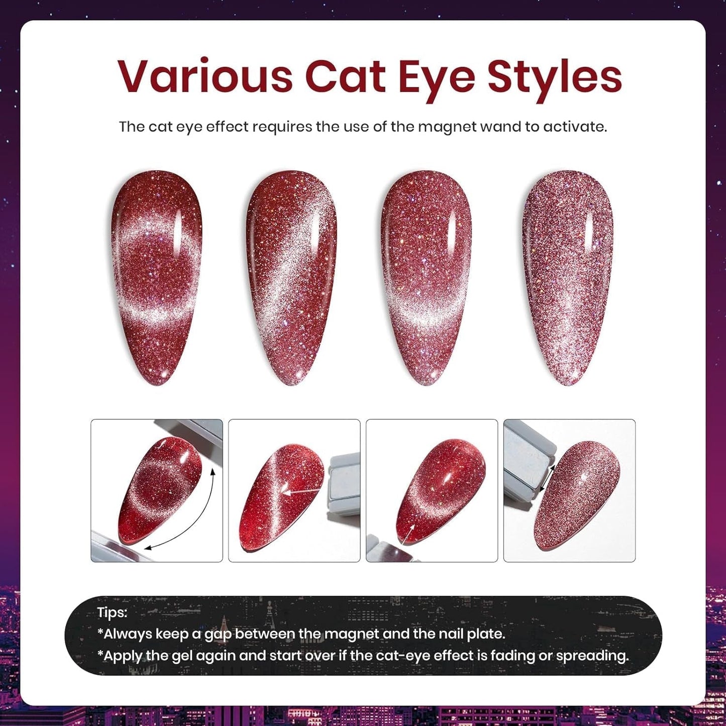 Beetles Cat Eye Gel Nail Polish Set 6 Colors Glitter Red Purple Blue Nail Polish with Magnet Spring Gel Polish Soak off U V Led Gifts for Women Girls Salon DIY Home