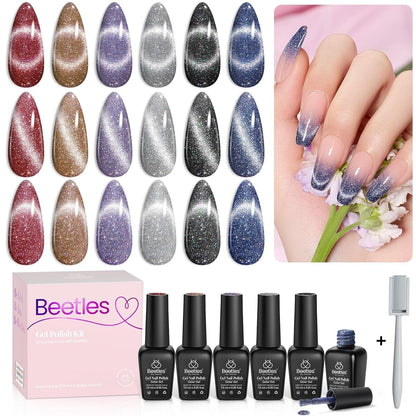 Beetles Cat Eye Gel Nail Polish Set 6 Colors Glitter Red Purple Blue Nail Polish with Magnet Spring Gel Polish Soak off U V Led Gifts for Women Girls Salon DIY Home - WORLD TIME VISITS
