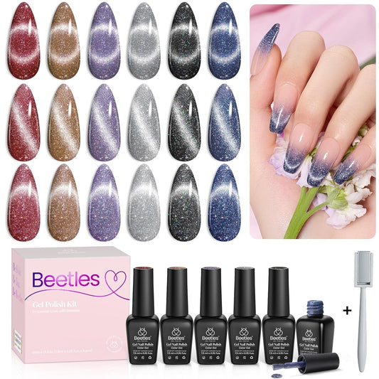 Beetles Cat Eye Gel Nail Polish Set 6 Colors Glitter Red Purple Blue Nail Polish with Magnet Spring Gel Polish Soak off U V Led Gifts for Women Girls Salon DIY Home - WORLD TIME VISITS