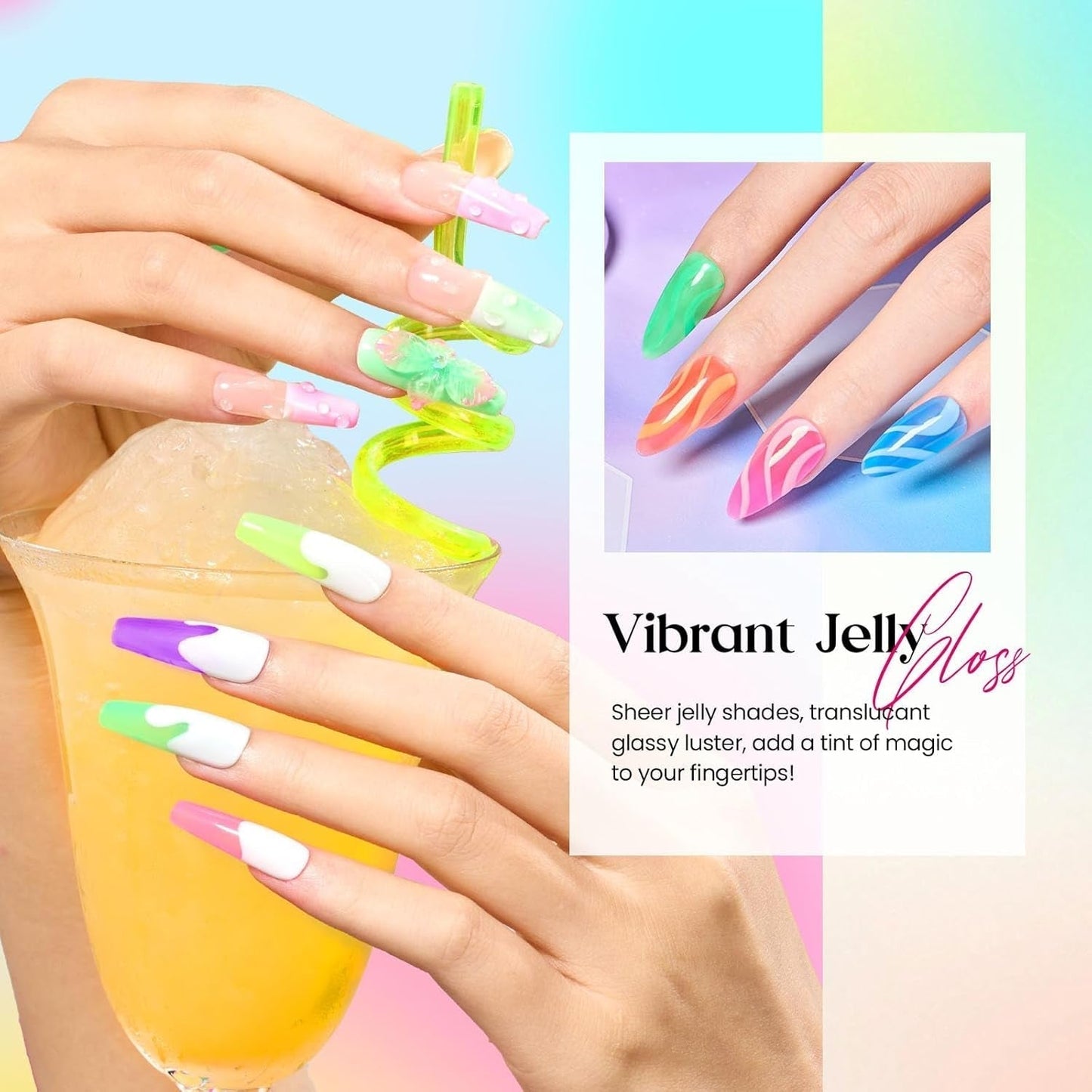 Beetles Jelly Gel Nail Polish Set, 6 Colors Jelly Blue Purple Crystal Gel Nail Polish Rainbow Yellow Green Orange Nail Uv LED Nail Art Gifts for Women