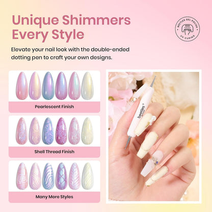 Beetles Pearl Gel Nail Polish, 6 Colors Shimmer Pearl White Pink Purple Mermaid Nail Drawing Summer Gel Polish Soak off Uv Led Gel Polish Swirl Shell Thread Effect DIY Manicure Gift for Girls Women