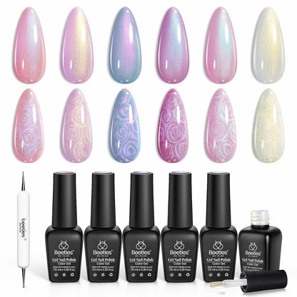 Beetles Pearl Gel Nail Polish, 6 Colors Shimmer Pearl White Pink Purple Mermaid Nail Drawing Summer Gel Polish Soak off Uv Led Gel Polish Swirl Shell Thread Effect DIY Manicure Gift for Girls Women - WORLD TIME VISITS