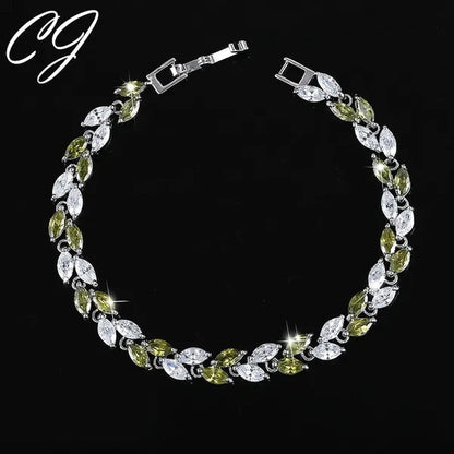 CANDICE 100% Real Silver Female Jewelry Simple Leaf Shape Multicolor Cubic Zirconia Strand Bracelet For Lady