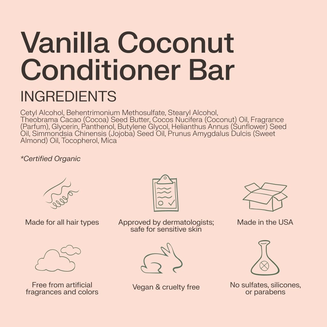 Conditioner Bar - Promote Hair Growth, Strengthen & Moisturize All Hair Types - Paraben & Sulfate Free Formula with Natural Ingredients for Dry Hair (Vanilla Coconut, 1.8 Oz)