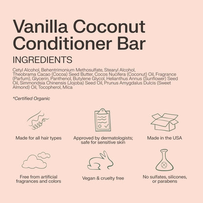 Conditioner Bar - Promote Hair Growth, Strengthen & Moisturize All Hair Types - Paraben & Sulfate Free Formula with Natural Ingredients for Dry Hair (Vanilla Coconut, 1.8 Oz)