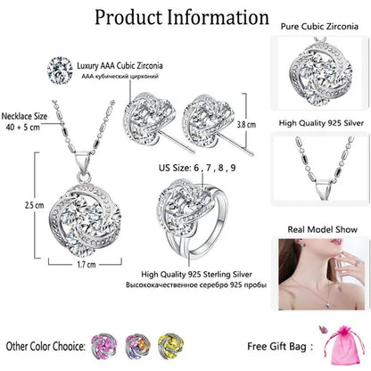 CANDICE Korean Fashion Sterling Silver Plated Women Elegant Pendant Necklace Earrings and Ring Sets Inlay Pure AAA Cubic Zirconia Knot Jewelry Set for Lady（Us 6-9)