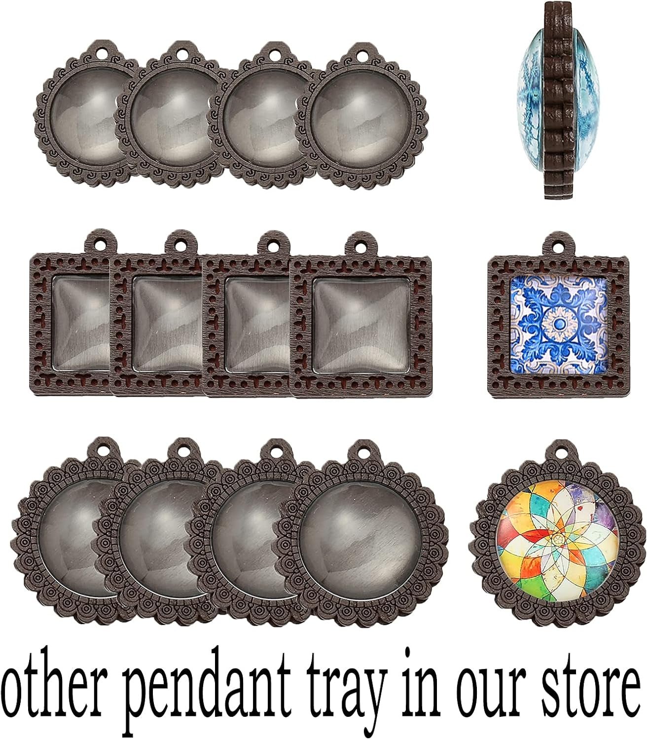 Bezel Pendant Trays round Wooden and Glass Cabochon round Clear Dome for DIY Crafting Photo Jewelry Making