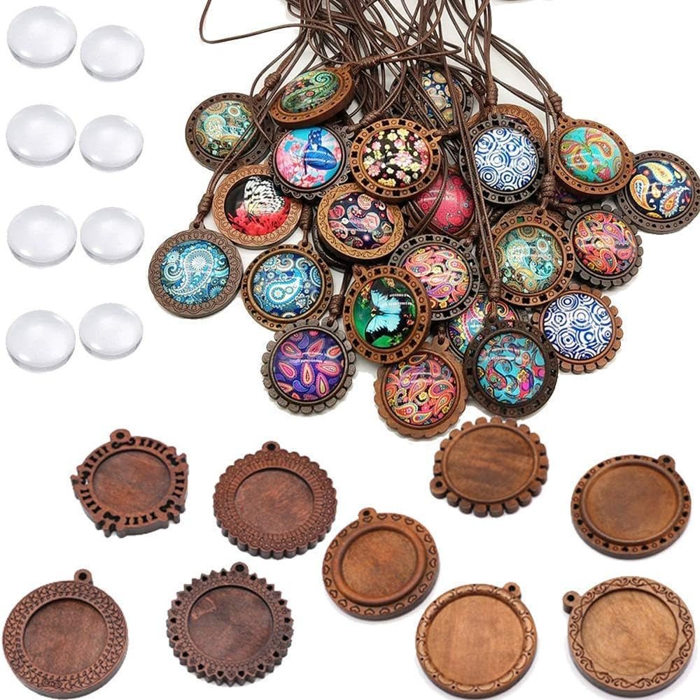 Bezel Pendant Trays round Wooden and Glass Cabochon round Clear Dome for DIY Crafting Photo Jewelry Making - WORLD TIME VISITS