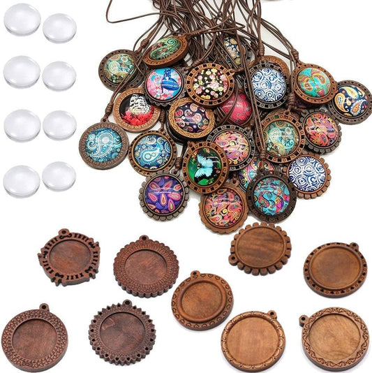 Bezel Pendant Trays round Wooden and Glass Cabochon round Clear Dome for DIY Crafting Photo Jewelry Making - WORLD TIME VISITS
