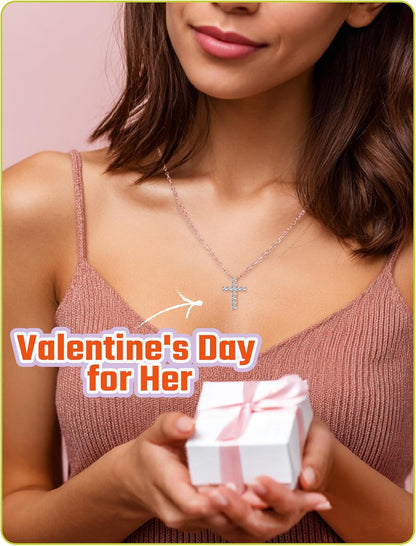 Cross Necklace for Girls Women 925 Sterling Silver 14K Gold Plated 5A Cubic Zirconia Womens Cross Jewelry Pendant, Birthday Valentine'S Day Baptism Christian Gifts for Her Wife (White/14K/Rose)