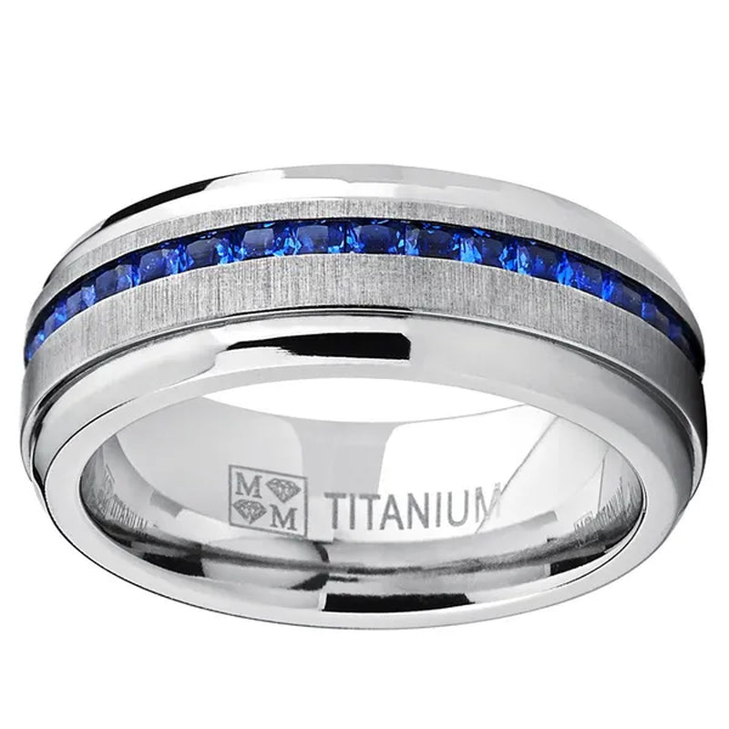 Men's 2.4Ct Eternity Titanium Wedding Band Engagement Ring W/ Blue Simulated Sapphire Cubic Zirconia Princess CZ