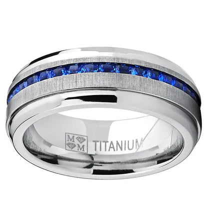 Men's 2.4Ct Eternity Titanium Wedding Band Engagement Ring W/ Blue Simulated Sapphire Cubic Zirconia Princess CZ