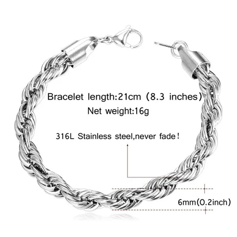 Cool Men Rope Chain Bracelet 6MM 8.3 Inches - 3 Colors Black, Silver, Gold