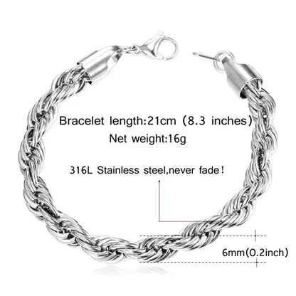 Cool Men Rope Chain Bracelet 6MM 8.3 Inches - 3 Colors Black, Silver, Gold