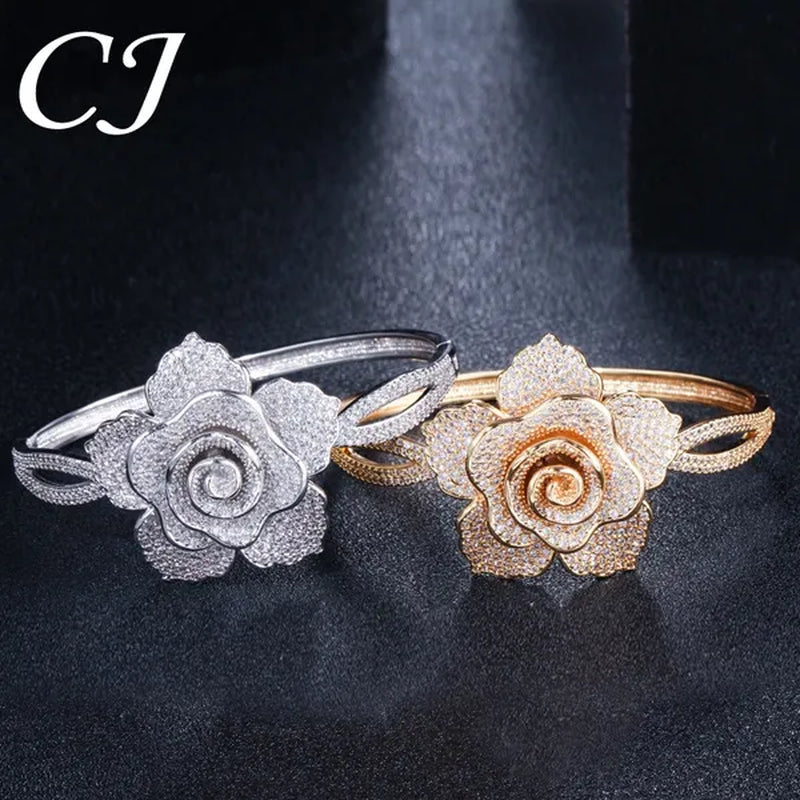 CANDICE Exquisite Open Cuff Style Paving Cubic Zirconia White Gold Plating Women Large Flower Bangle Bracelets Jewelry for Evening Party Wedding