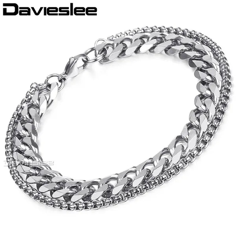 9mm Bracelet for Men Women Curb Cuban Box Link Double Chain Gold Silver Black Tone Gold Plated Stainless Steel Wristband Polished Fashion Jewelry