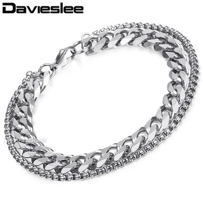 9mm Bracelet for Men Women Curb Cuban Box Link Double Chain Gold Silver Black Tone Gold Plated Stainless Steel Wristband Polished Fashion Jewelry