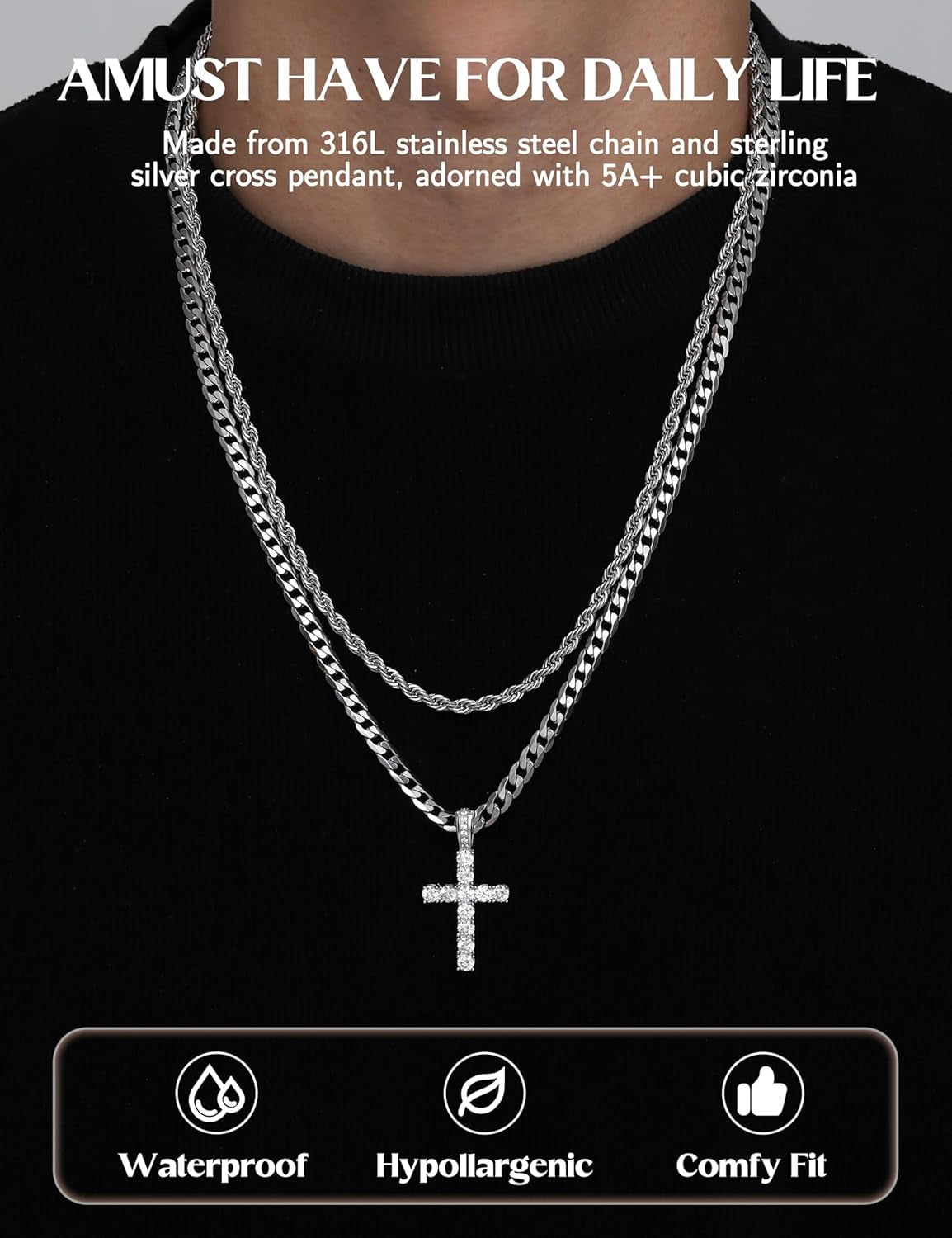 925 Sterling Silver Cross Necklace Men - CZ Cross Pendant Layered Necklaces Waterproof Stainless Steel Cuban Link Rope Chain Silver Necklace Stack Jewelry with Gift Box 16-30 Inches