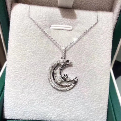New Luxury Hollow Out Half Moon Zircon Pendant Necklace Silver Plated Engagement Wedding Elegant Clavicle Necklace for Women Fashion Necklaces Anniversary Gift