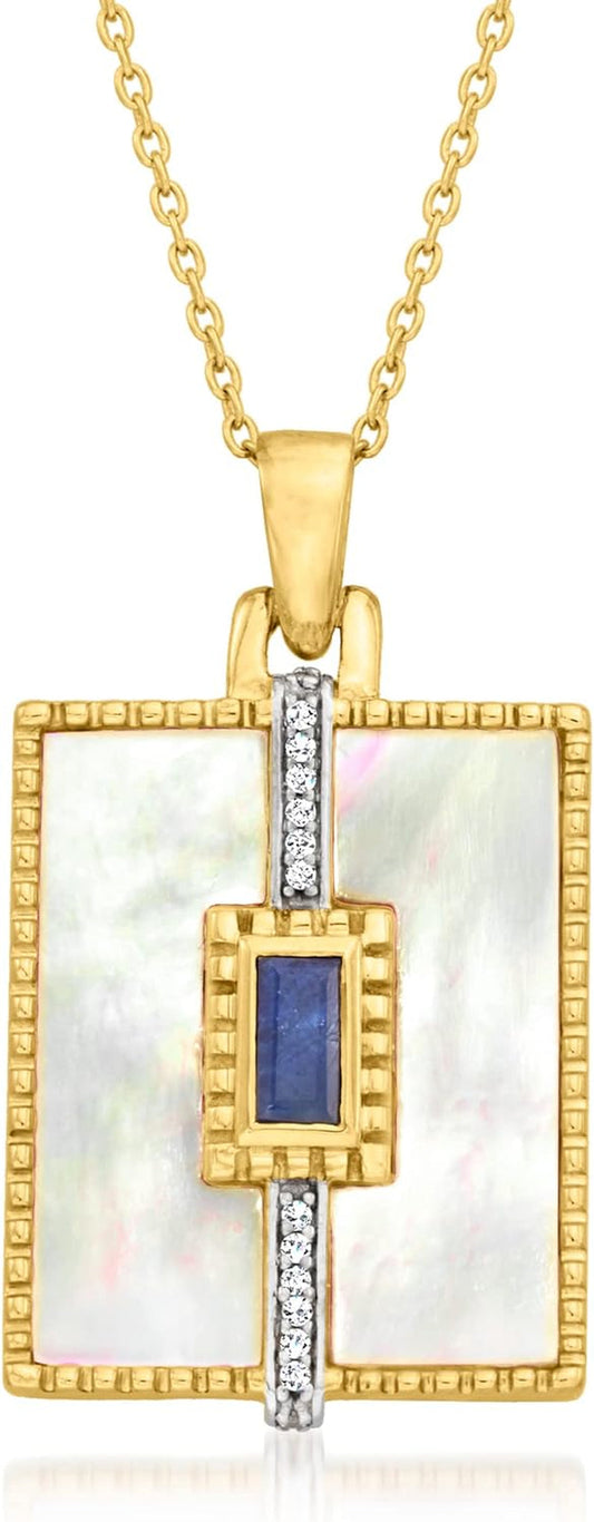 Mother-Of-Pearl and .60 Carat Sapphire Pendant Necklace with White Topaz Accents in 18Kt Gold over Sterling. 18 Inches