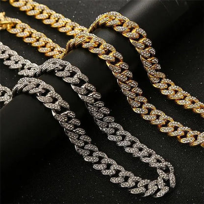 A Set(Bracelet+Necklace) 13MM Width Cuban Link Chain Gold Silver Plated Bling Miami Cuban Necklace Bracelet Diamond Chain for Fashion Men and Women Iced Out Hip Hop Jewelry Set