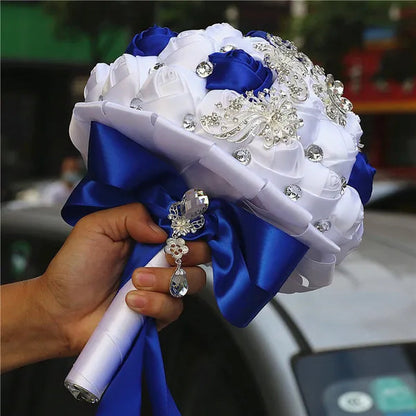 21CM Silver Rhinestone Bridal Hand Flowers Ribbon Wedding Hand Bouquet Mixed Color Silk Rose Diamond Brooch Bridesmaid Bouquet Wedding Supplies