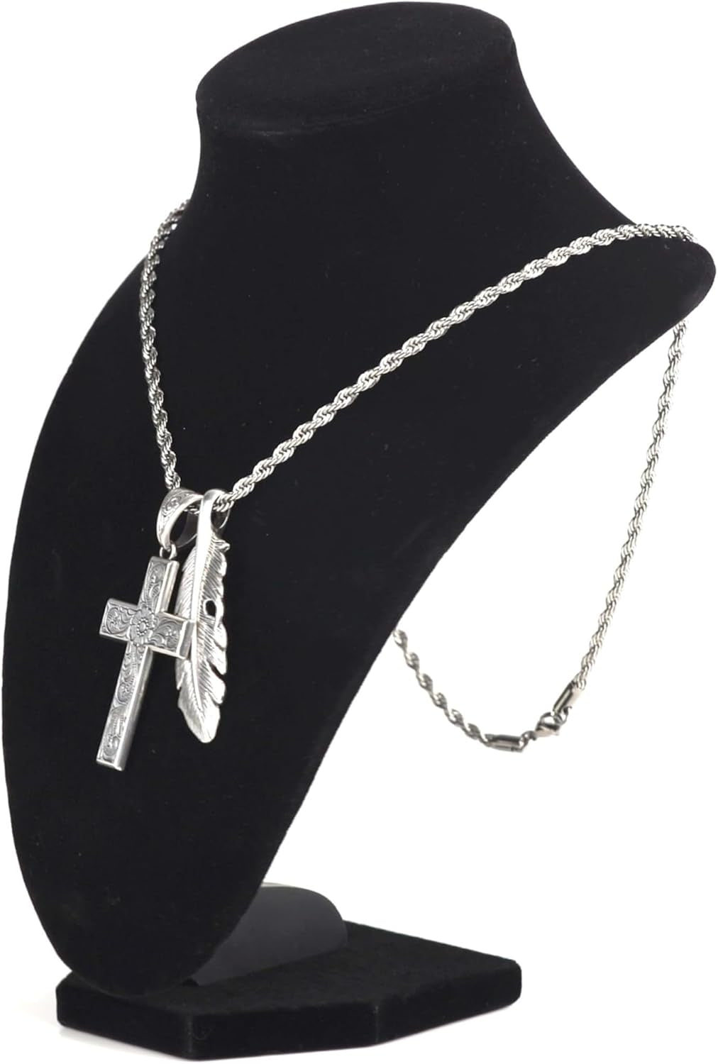 Twister Cross & Feather Necklace, Silver, 24” Chain