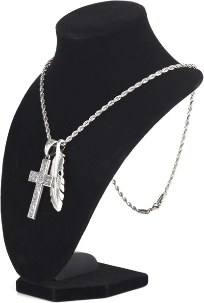 Twister Cross & Feather Necklace, Silver, 24” Chain