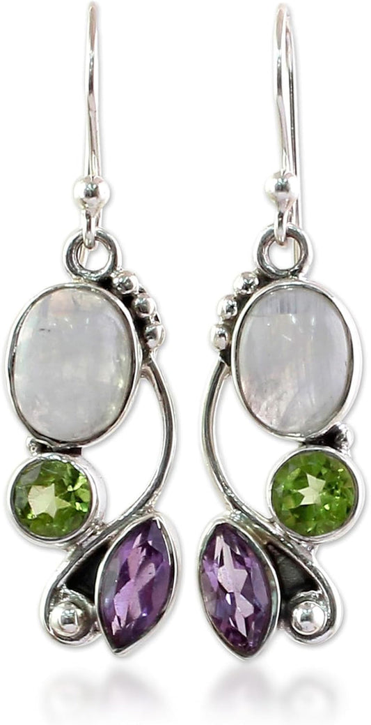 Artisan Handcrafted Multigemstone Dangle Earrings | .925 Sterling Silver Handmade Dangle Earrings | Rainbow Moonstone Clear Green Multicolor Purple Dangle Earring | Natural Glamour Themed