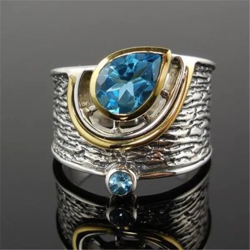Fashion Boho Two Tone Ring Blue Sapphire Vintage Wide Ring for Women Fine Jewelry Gifts