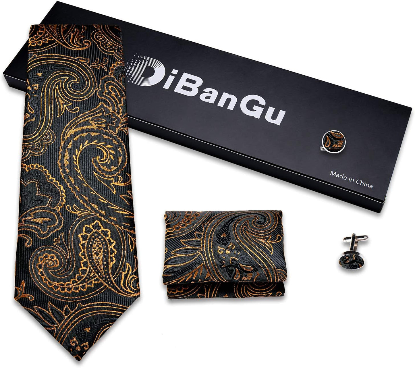 Mens Tie Set Silk Solid Paisley Necktie and Pocket Square Cufflinks Classic Formal Ties for Men Wedding Party