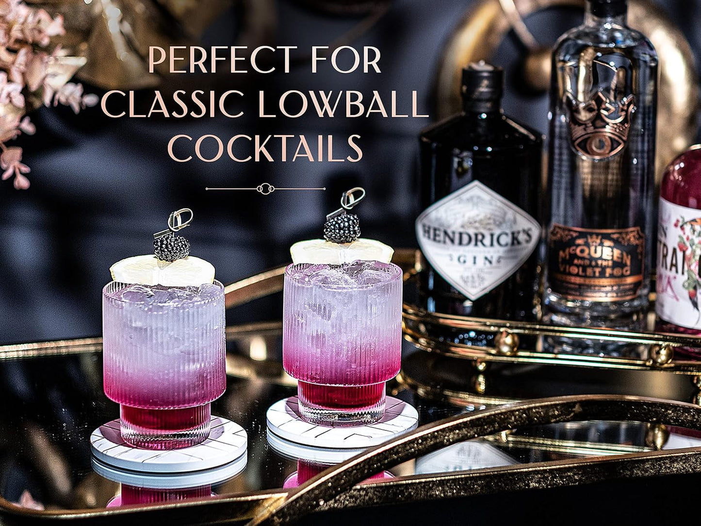 Vintage Art Deco Ribbed Lowball Cocktail Glasses | Set of 4 | 12 Oz Crystal Double Old Fashioned Tumblers for Drinking Classic Whiskey, Gin, Vodka Bar Drinks | round Glassware