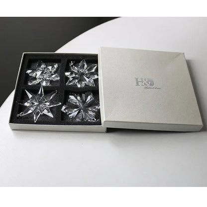 H&D Set of 4 Crystal Snowflake Pendant Star Shaped Unique Pattern Ornaments with Gift Box Home Window Christmas Tree Decoration