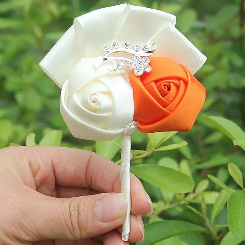 Handmade 8Piece/Lot Colorful Silk Rose Wedding Corsages Boutonniere Groom Diamond Wedding Flowers Boutonniere Brooch Flower