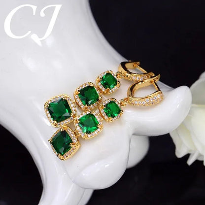CANDICE Luxury Yellow Gold Plated Drop Earrings Jewelry Square Red Cubic Zircon Stones Long Earring for Women
