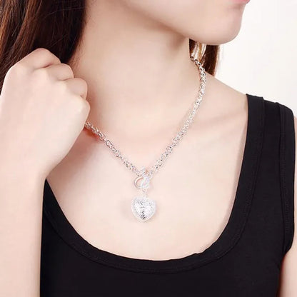925 Sterling Silver Cute Crystal Heart Pendant Bracelet Necklace Set for Woman Wedding Engagement Party Charm Jewelry Gift