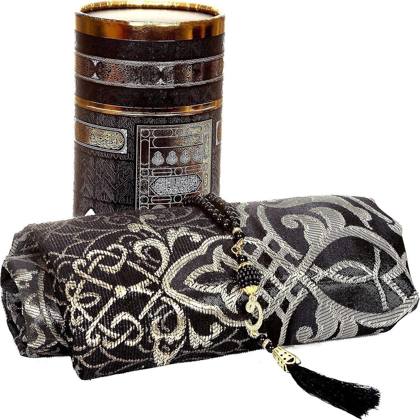 Muslim Prayer Rug Islam and Beads, Kaabe Design Box Eid Ramadan Gifts Islamic Set Carnal Salah Mat Taffeta Fabric Black Soft Prayer Mats Men and Women (Black)