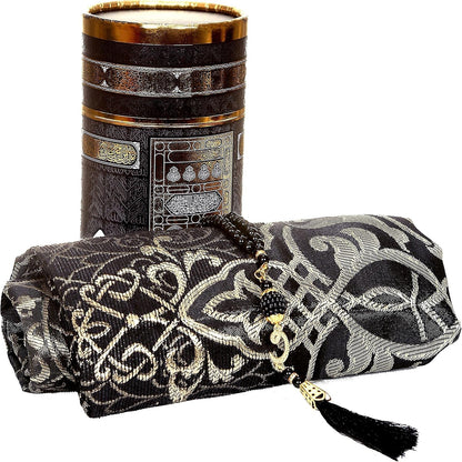 Muslim Prayer Rug Islam and Beads, Kaabe Design Box Eid Ramadan Gifts Islamic Set Carnal Salah Mat Taffeta Fabric Black Soft Prayer Mats Men and Women (Black)