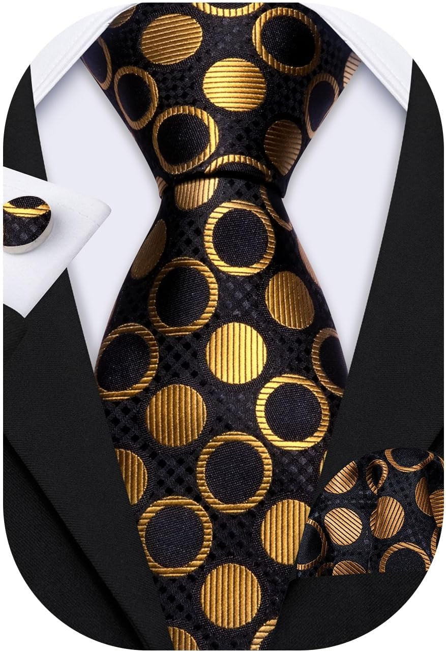 Men'S Tie Set Polka Dot Handkerchief Cufflinks Plaid Fashion Neckties Wedding Business