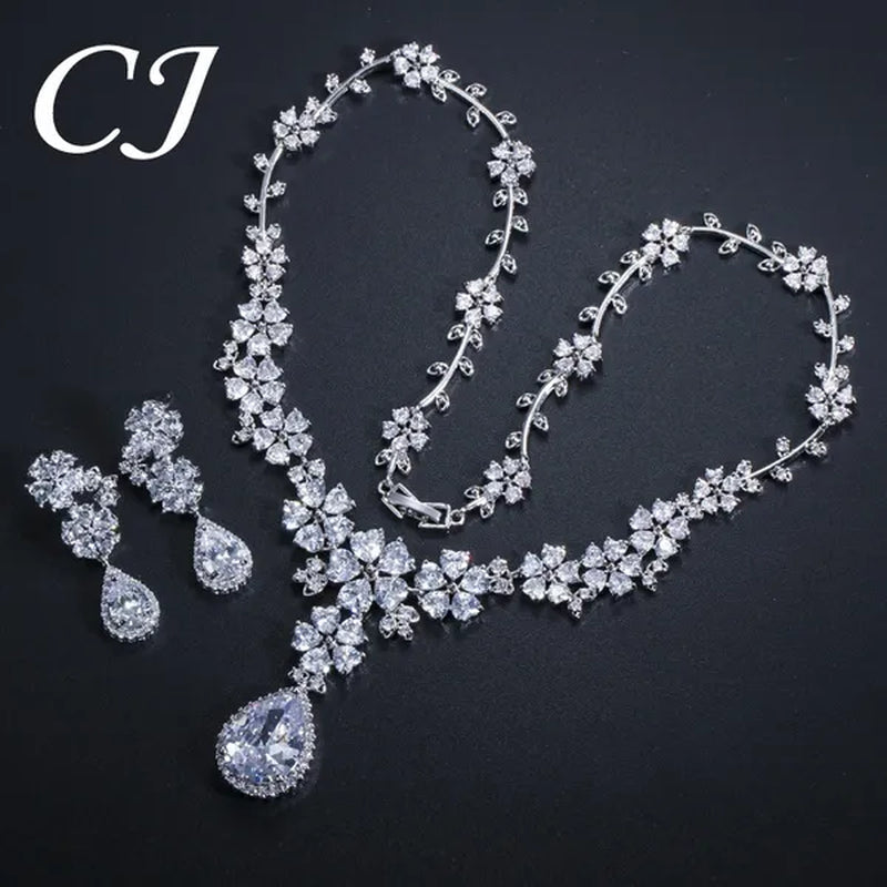 CANDICE High Quality Platinum Plating Wedding Party Costume Luxury CZ Stone Jewelry Flower Pendant Earrings Necklace Bridal Sets With Tear Drop Zirconia