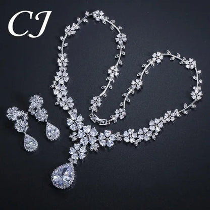 CANDICE High Quality Platinum Plating Wedding Party Costume Luxury CZ Stone Jewelry Flower Pendant Earrings Necklace Bridal Sets With Tear Drop Zirconia