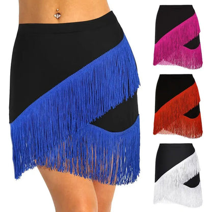 Women Adult Wear Elastic Waistband Fringe Flowing Tassels Latin Skirt Tango Rumba Dancewear