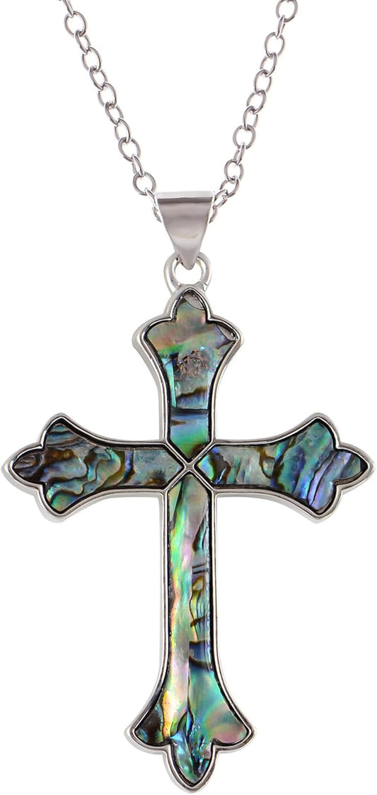 Vintage Inspired Silvery Tone Abalone Shell Religious Cross Pendant Necklace - WORLD TIME VISITS