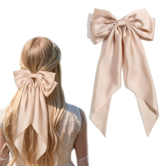Big Bow Barrettes and Satin Hair Pins with Long Ribbon Tails - Party and Casual Hair Accessories for Women and Girls in Apricot - WORLD TIME VISITS