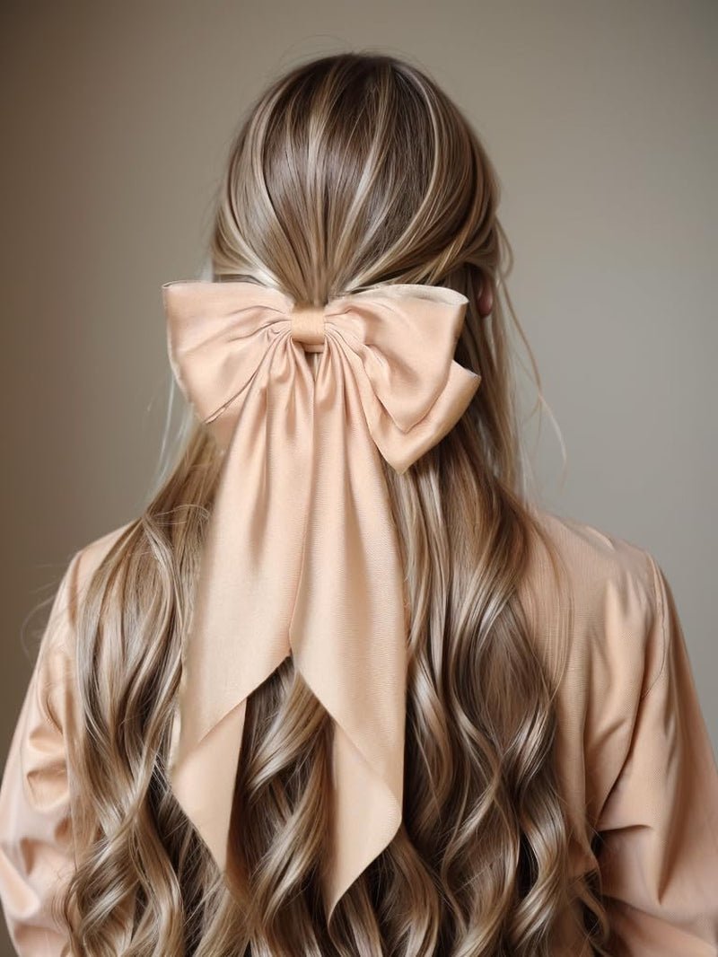 Big Bow Barrettes and Satin Hair Pins with Long Ribbon Tails - Party and Casual Hair Accessories for Women and Girls in Apricot - WORLD TIME VISITS