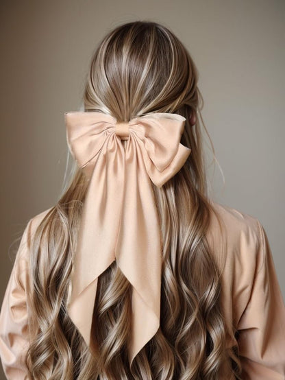 Big Bow Barrettes and Satin Hair Pins with Long Ribbon Tails - Party and Casual Hair Accessories for Women and Girls in Apricot - WORLD TIME VISITS